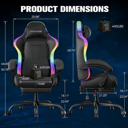 Ergonomic Gaming Chair with RGB LED Lights, High Back, Footrest & Reclining Feature