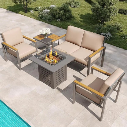 5-Piece Metal Outdoor Sectional Patio Furniture Set with Fire Pit Table with Cushions.