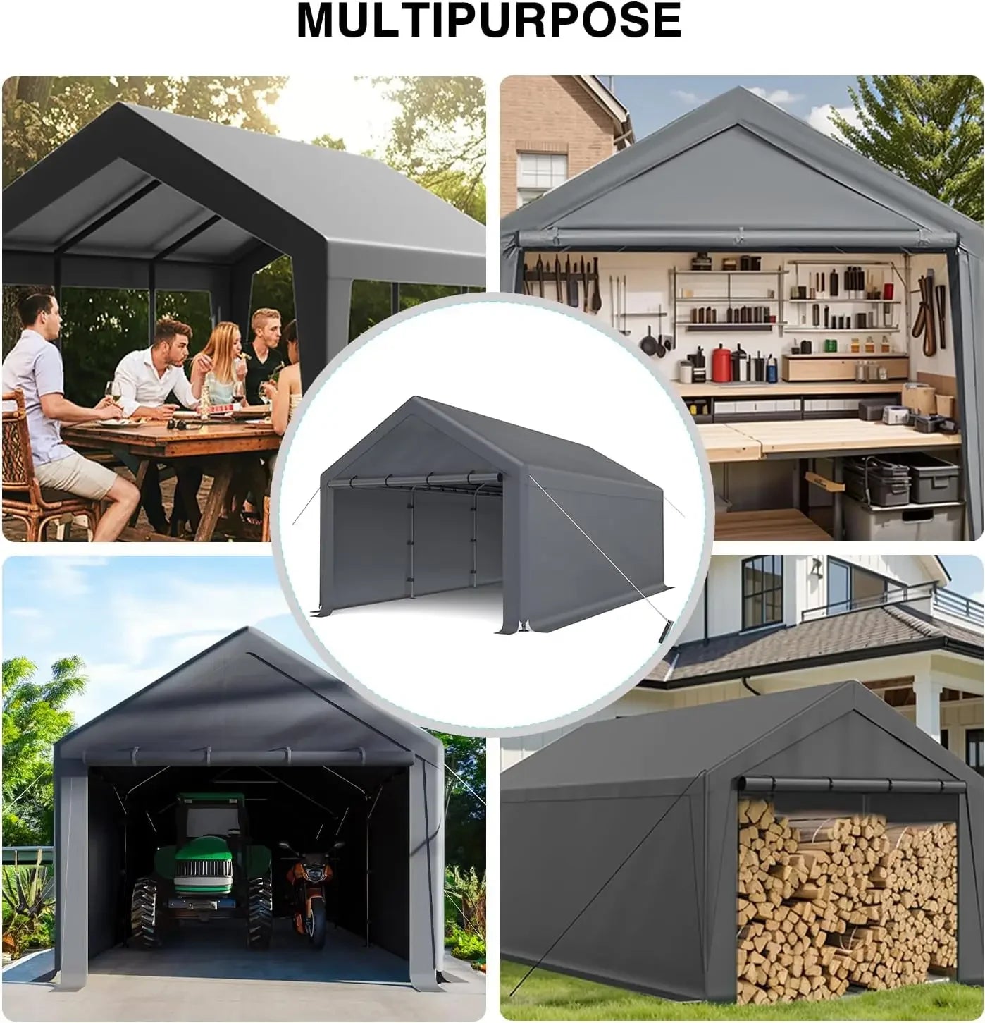 10x20 Heavy Duty, Portable Carport Garage with Removable Sidewalls and Door