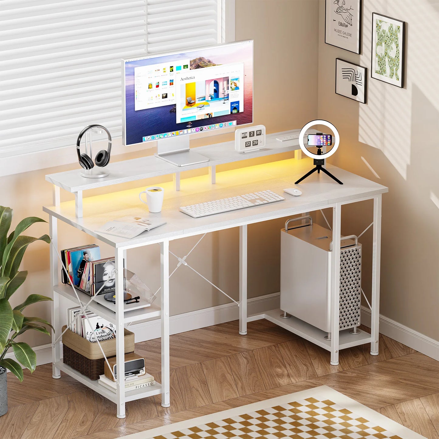 48 Inch Gaming Desk with LED Lights Power Outlets and Shelves