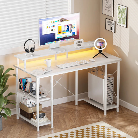 48 Inch Gaming Desk with LED Lights Power Outlets and Shelves