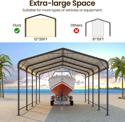 12x20FT Metal Carport, Heavy Duty Carport Canopy with Reinforced Frame