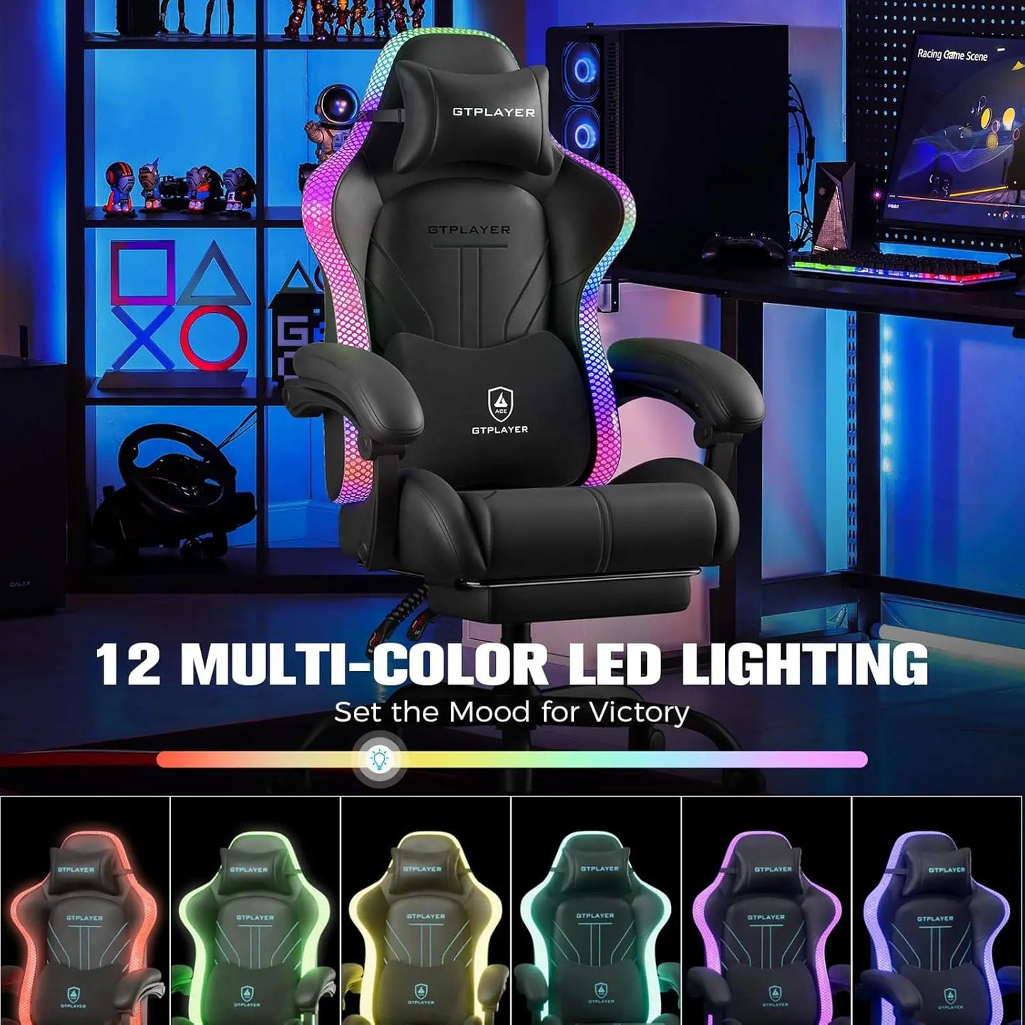 Ergonomic Gaming Chair with RGB LED Lights, High Back, Footrest & Reclining Feature