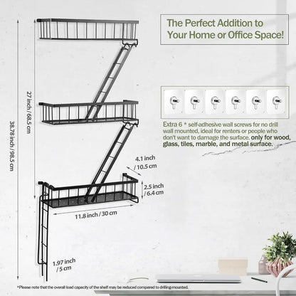 3 Tier Wall Mounted Decorative Ladder Shelf, Black Metal