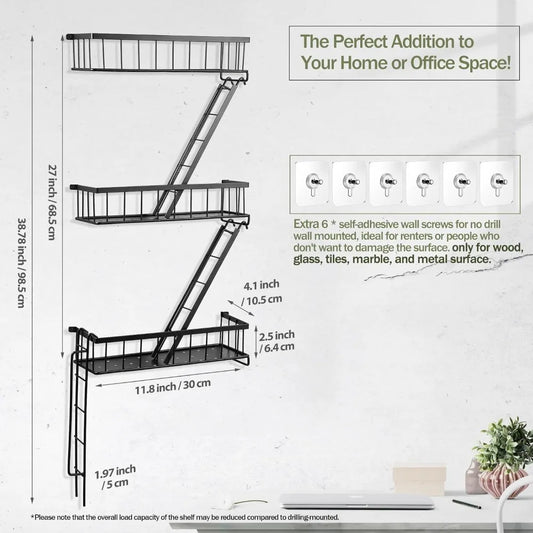 3 Tier Wall Mounted Decorative Ladder Shelf, Black Metal