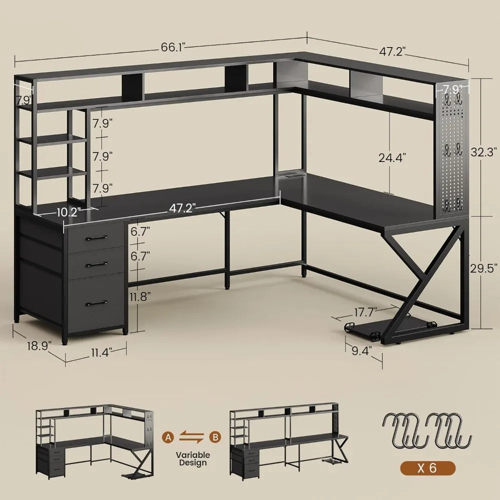 L-Shaped Gaming Desk with Storage, LED Lights & Power Outlet