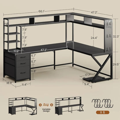 L-Shaped Gaming Desk with Storage, LED Lights & Power Outlet