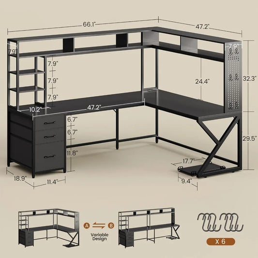 L-Shaped Gaming Desk with Storage, LED Lights & Power Outlet