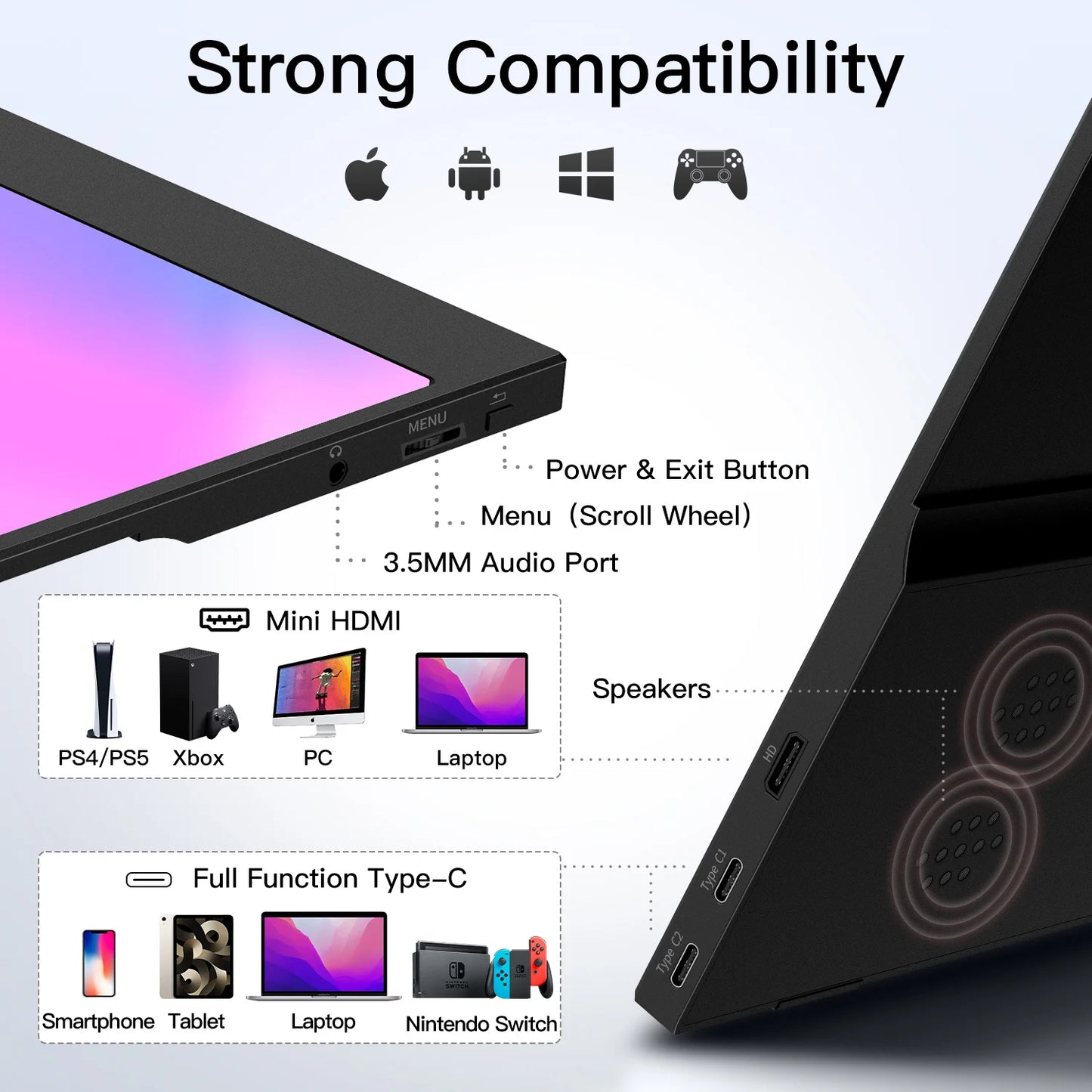15.6 inch Portable Monitor for Laptop, Second Computer Screen with HDR