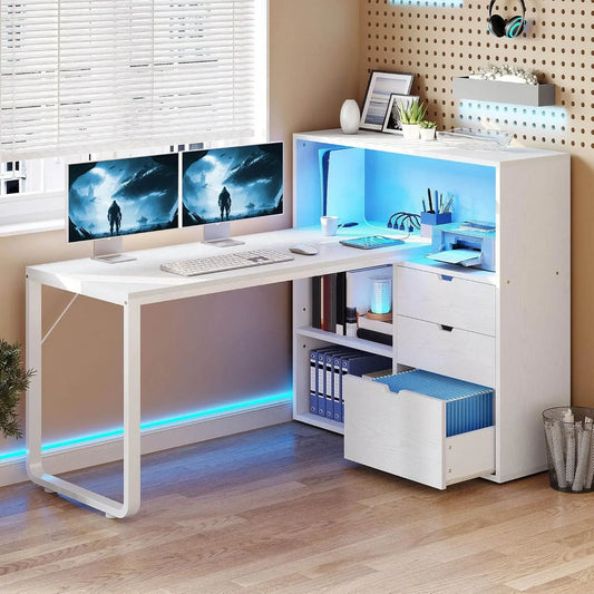 55" L shaped Computer Desk with Power Outlets, LED Lights, Drawers, and Bookshelf