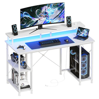 48 Inch Gaming Desk with LED Lights Power Outlets and Shelves
