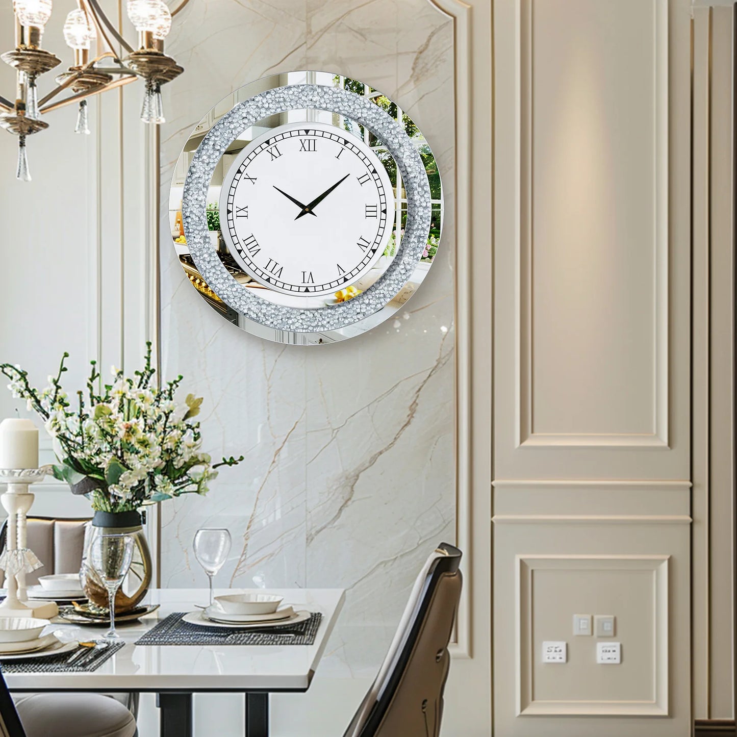 24"-in. Crystal Sparkle Round Mirrored Wall Clock