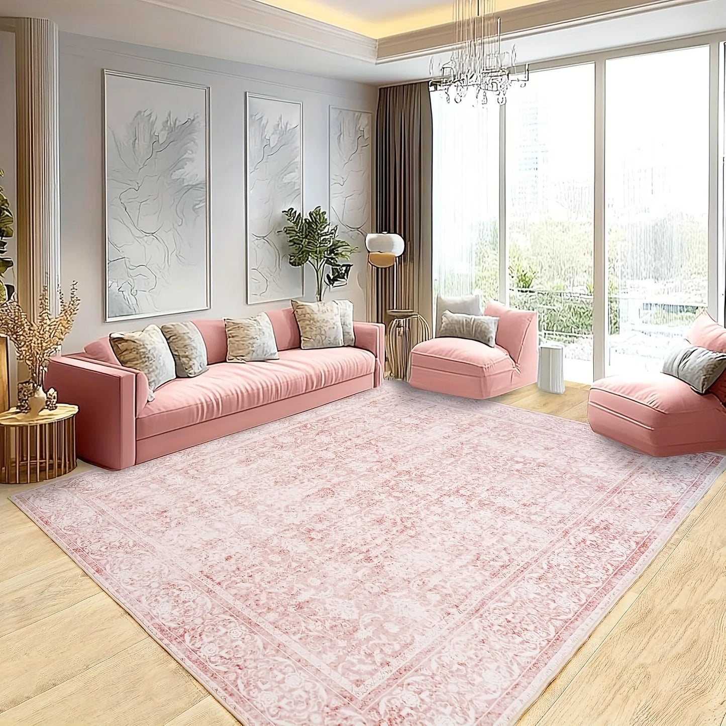 Large Pink Floral Livingroom / Bedroom Area Rug. Washable