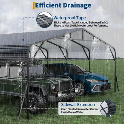 20x20 FT Heavy Duty Galvanized Steel Roof, Reinforced Base, Outdoor Car Shelter