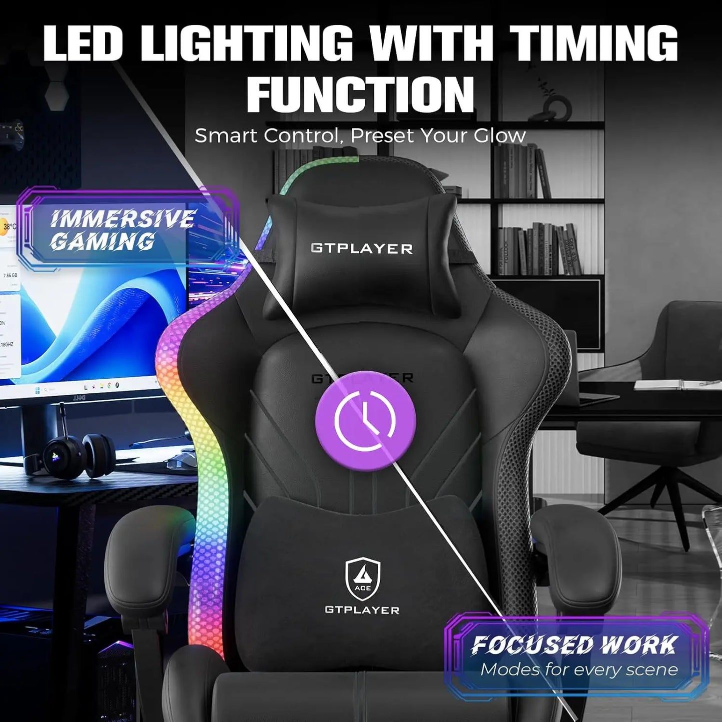Ergonomic Gaming Chair with RGB LED Lights, High Back, Footrest & Reclining Feature