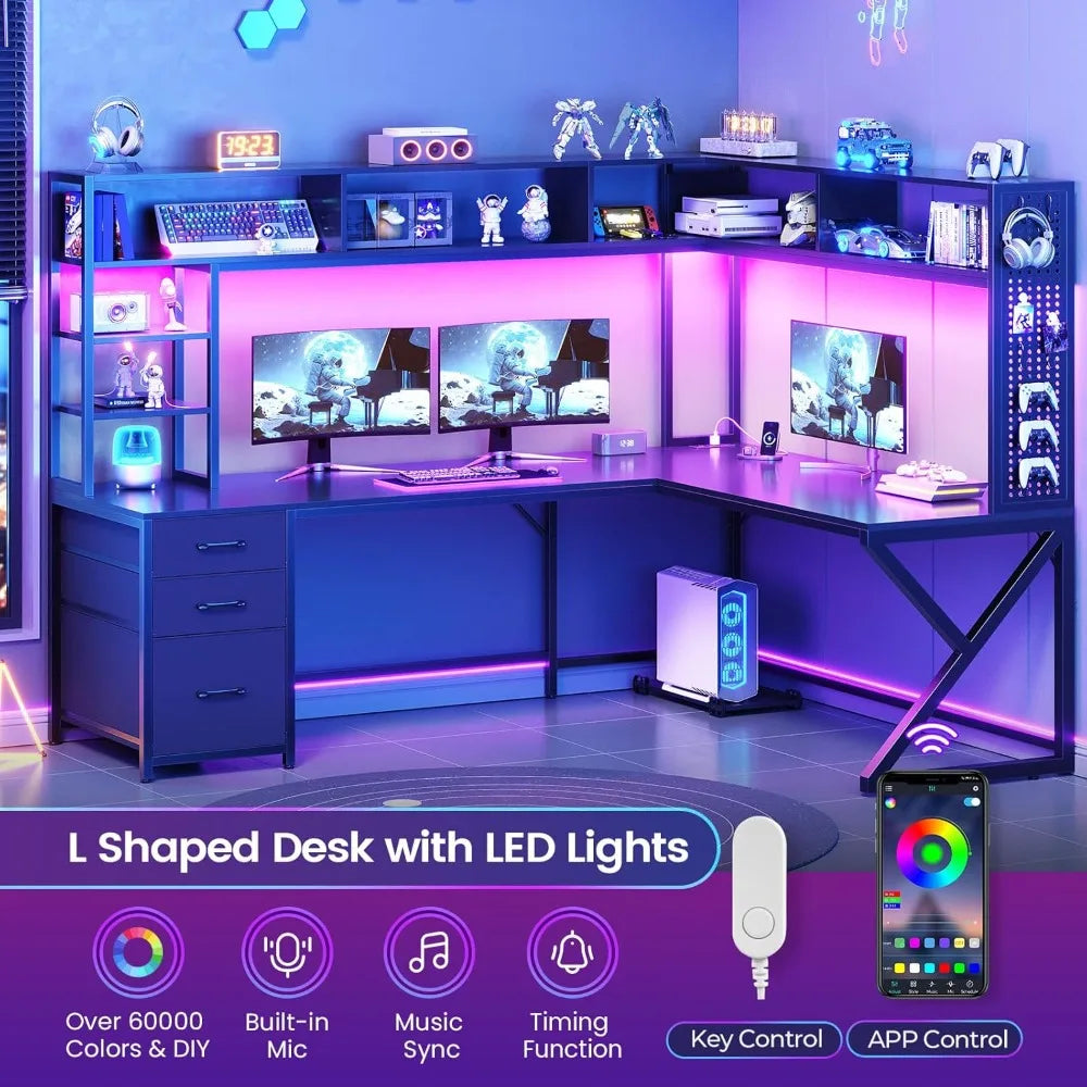 L-Shaped Gaming Desk with Storage, LED Lights & Power Outlet