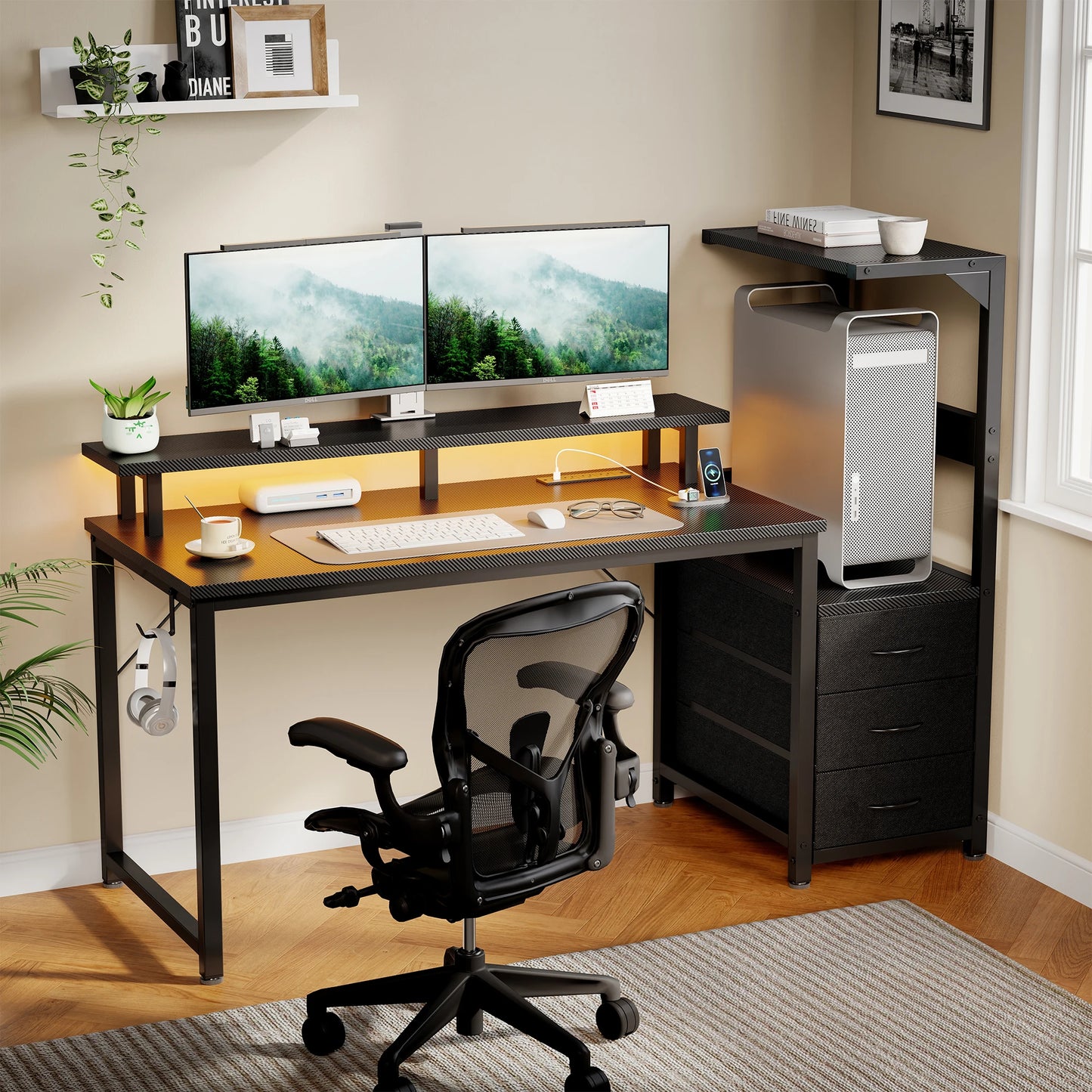 52In to 59In Gaming Desk with 3 Storage Drawers, LED Lights, and Power Outlets