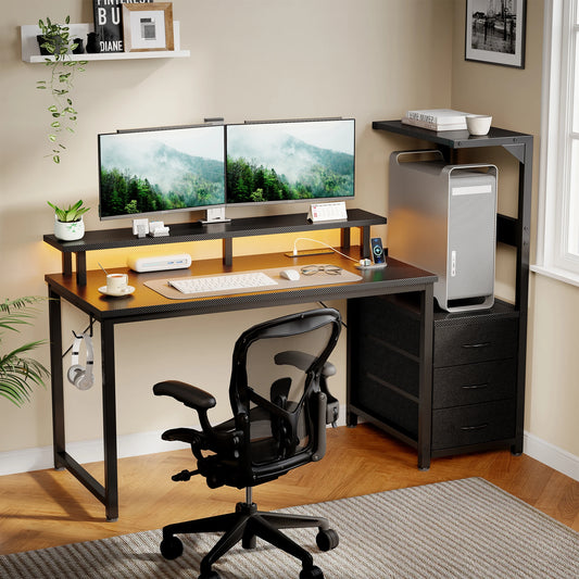 52In to 59In Gaming Desk with 3 Storage Drawers, LED Lights, and Power Outlets