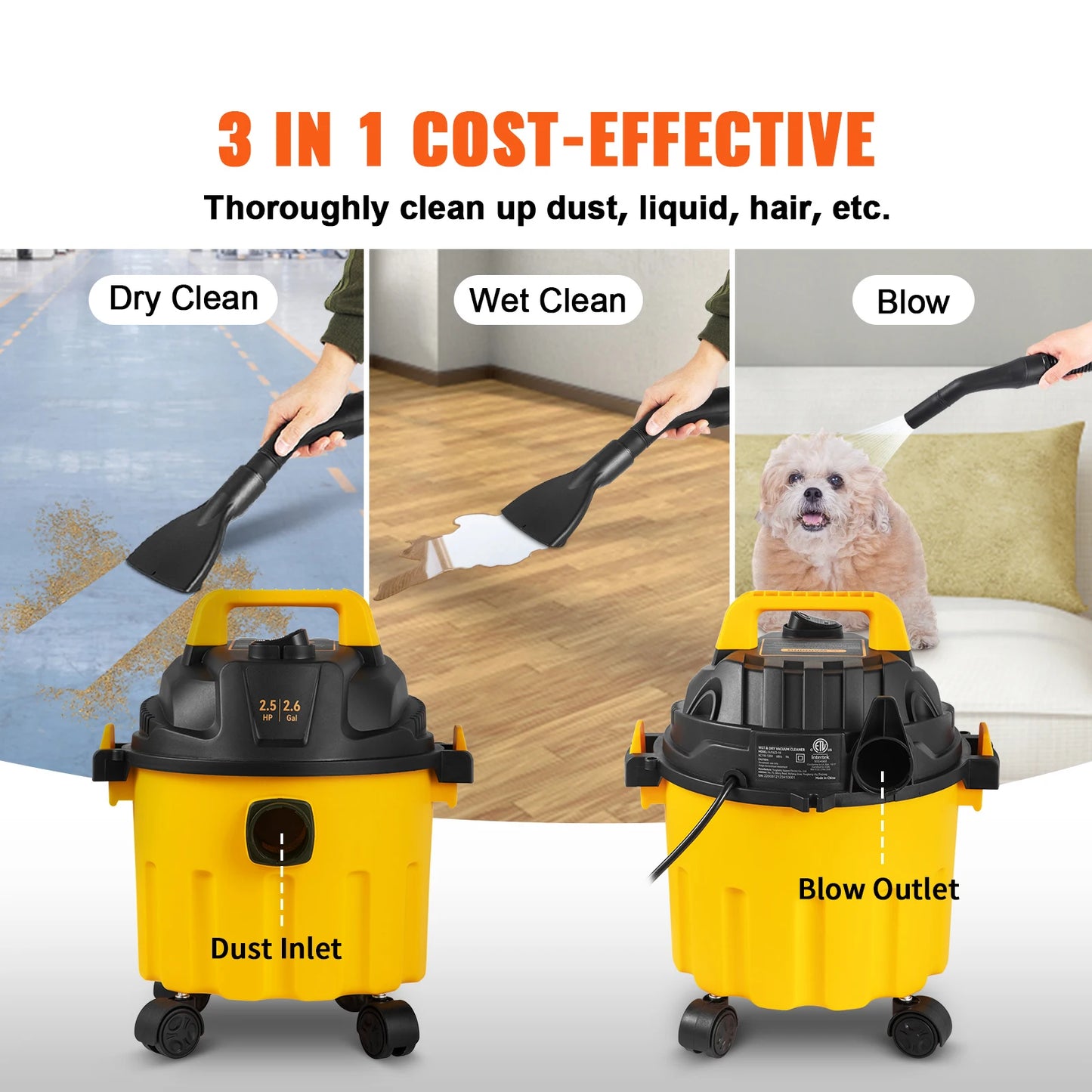 3 in 1 Wet Dry Portable Shop Vacuum with Blowing Function Vac 2.6 Gallon 2.5 Peak HP
