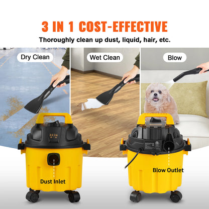 3 in 1 Wet Dry Portable Shop Vacuum with Blowing Function Vac 2.6 Gallon 2.5 Peak HP