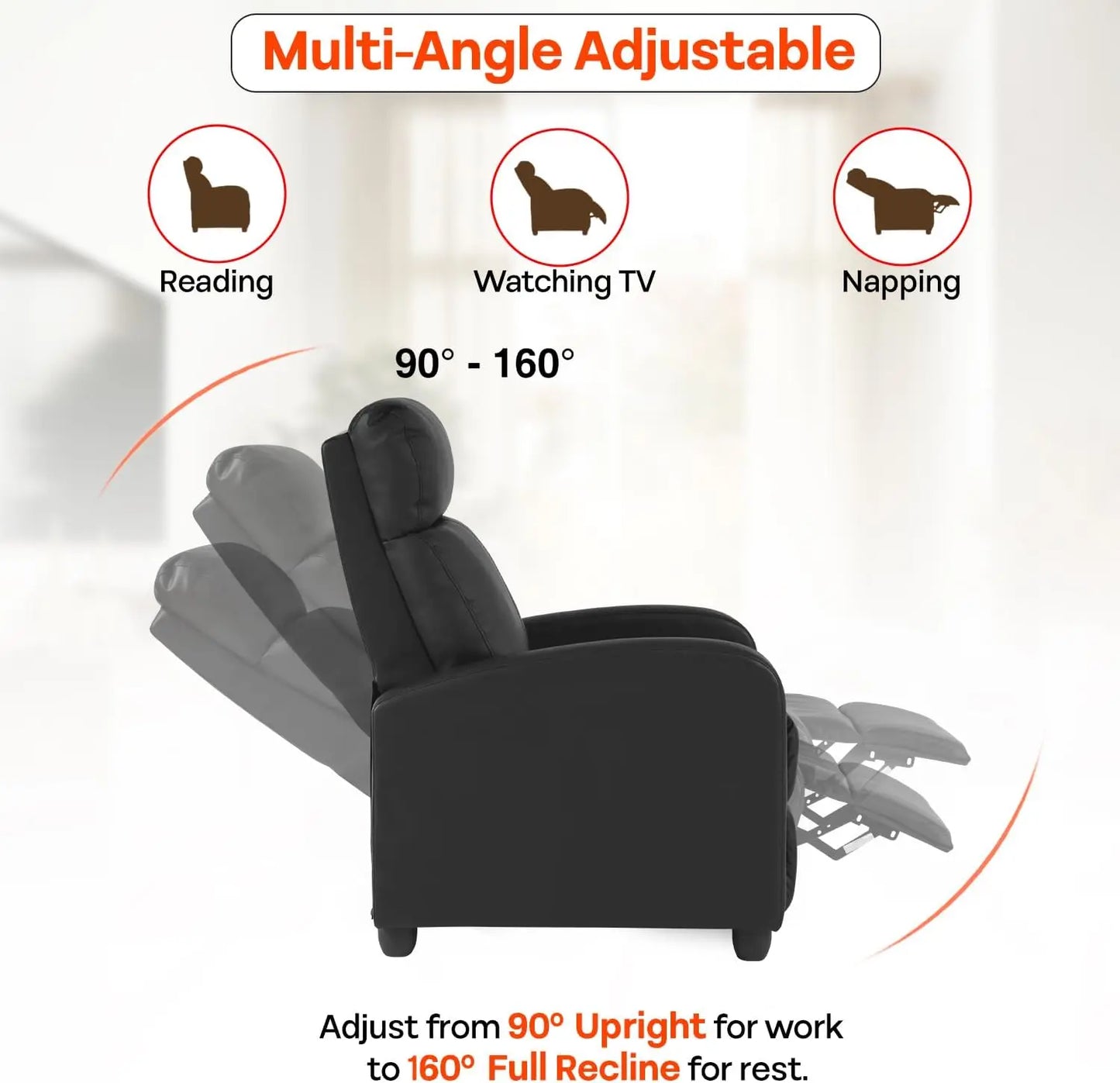 Leather Massage Recliner with Lumbar Support and Adjustable Backrest
