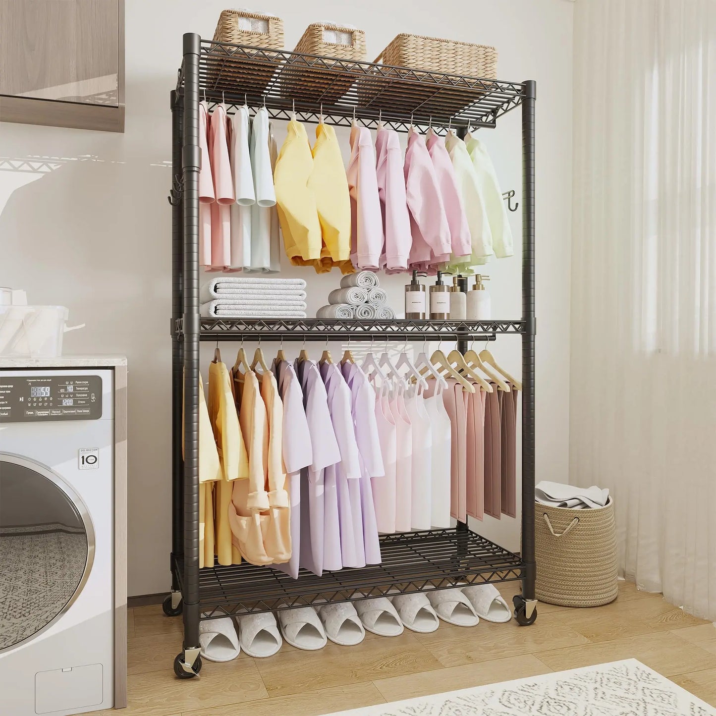 3-Tier Rolling Metal Garment Rack with Adjustable Shelves & Dual Hanging Rods