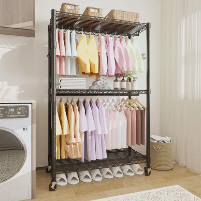3-Tier Rolling Metal Garment Rack with Adjustable Shelves & Dual Hanging Rods