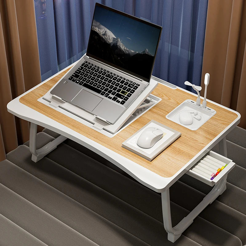 Foldable laptop desk with lifting laptop rack or home breakfast tray with drawers