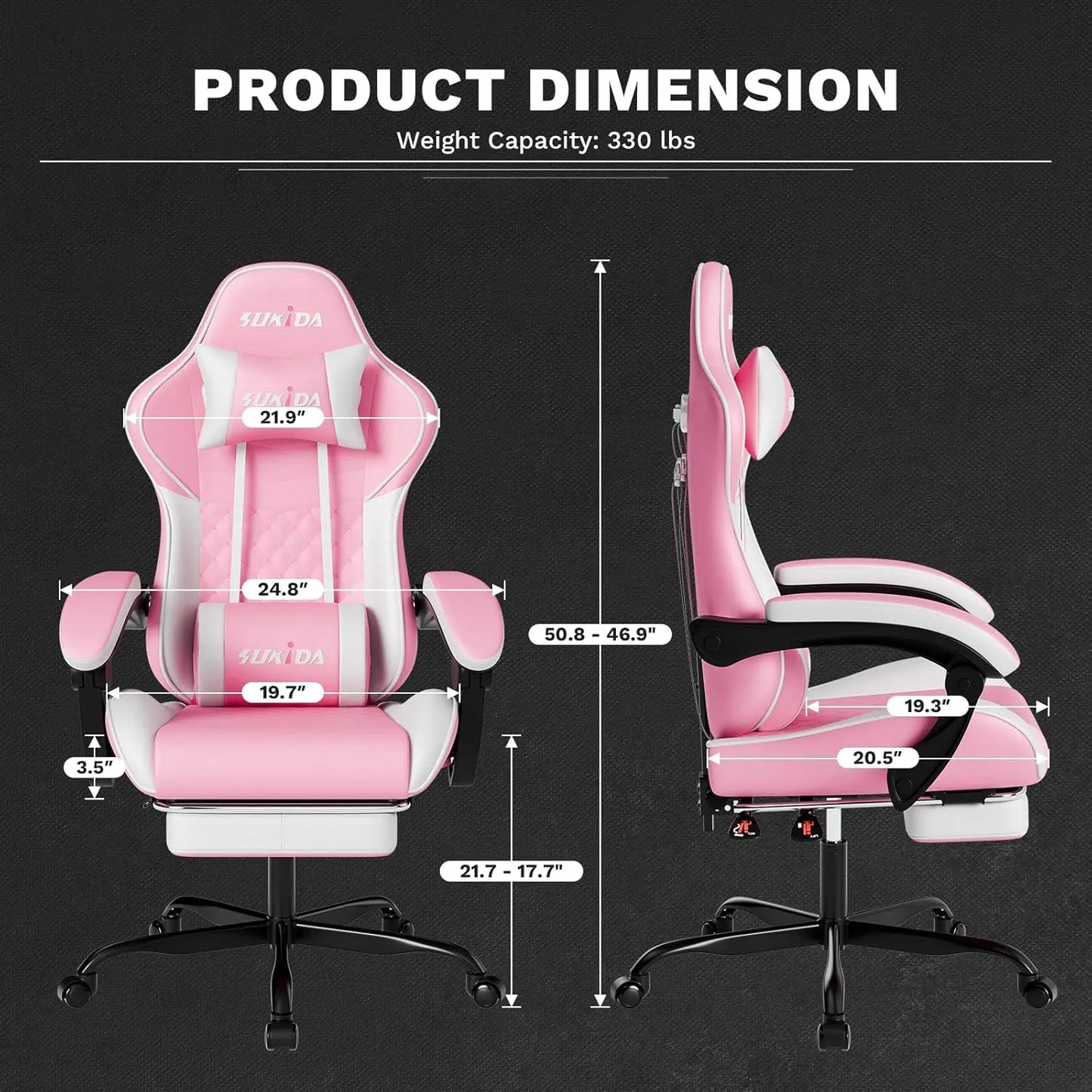Height Adjustable Ergonomic Video Gaming / Computer Chair with Messaging Lumbar Support