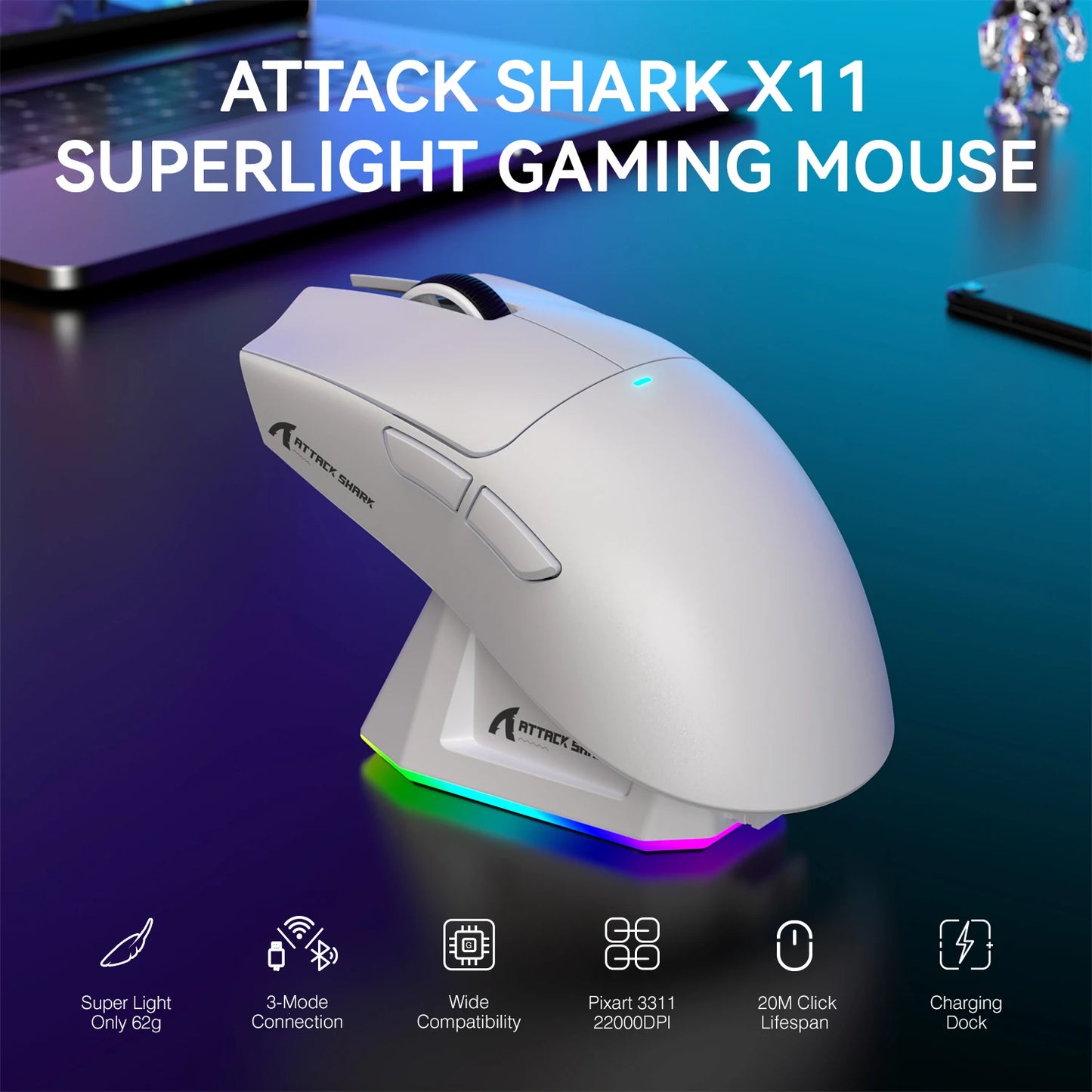 Lightweight Wireless Gaming Mouse with RGB Backlight Charging to 22K DPI, PAW3311 Optical Sensor