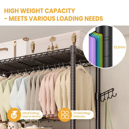 3-Tier Rolling Metal Garment Rack with Adjustable Shelves & Dual Hanging Rods