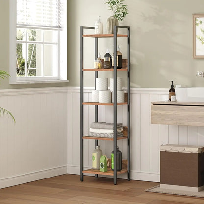 5-Tier Bookcase for Small Spaces, Rustic Brown & Black.