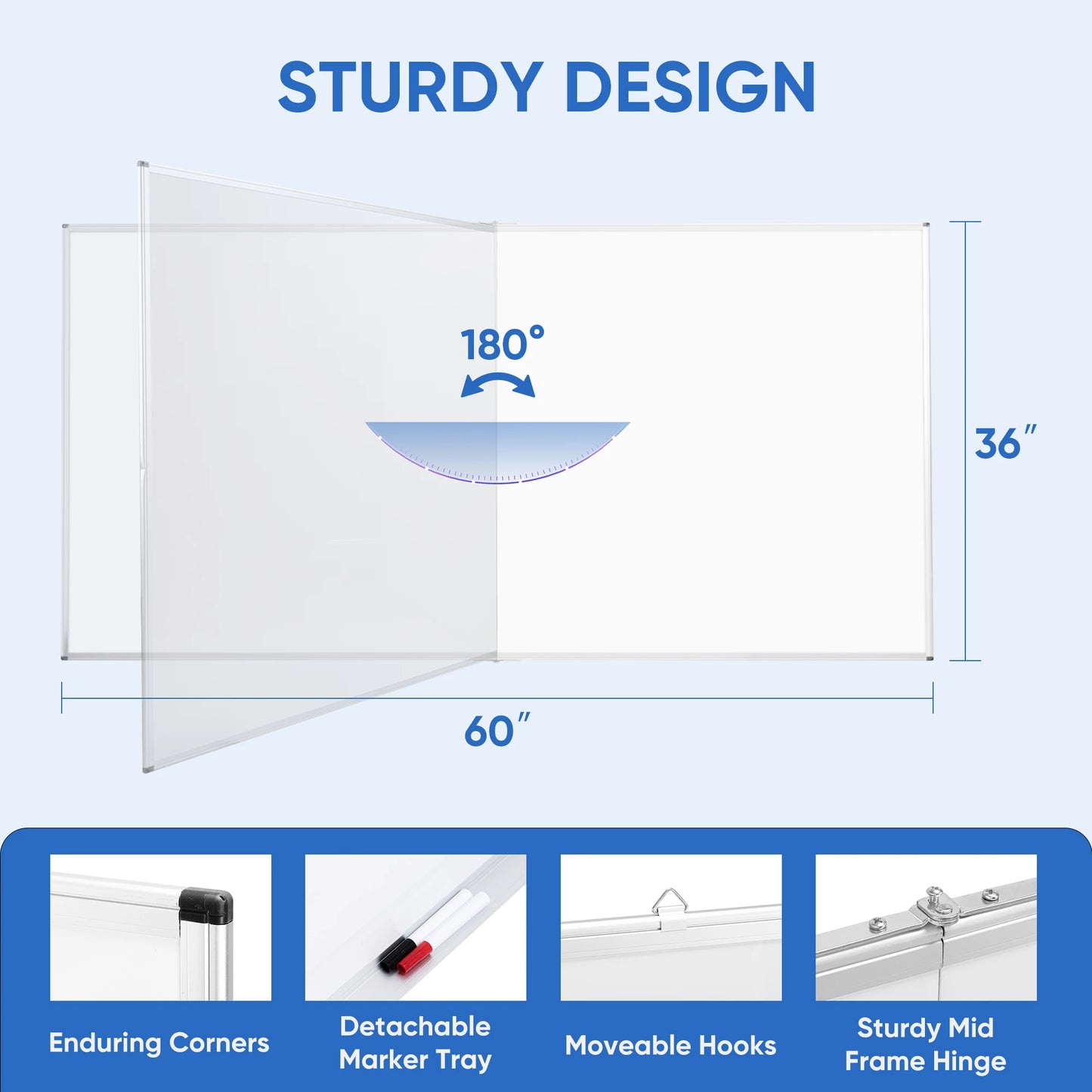 Foldable Double-Sided Whiteboard 60x36 Inch, Magnetic Dry Erase Board