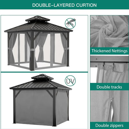 10 x10 FT Heavy Duty Aluminum Hardtop Gazebo with Curtains & Netting