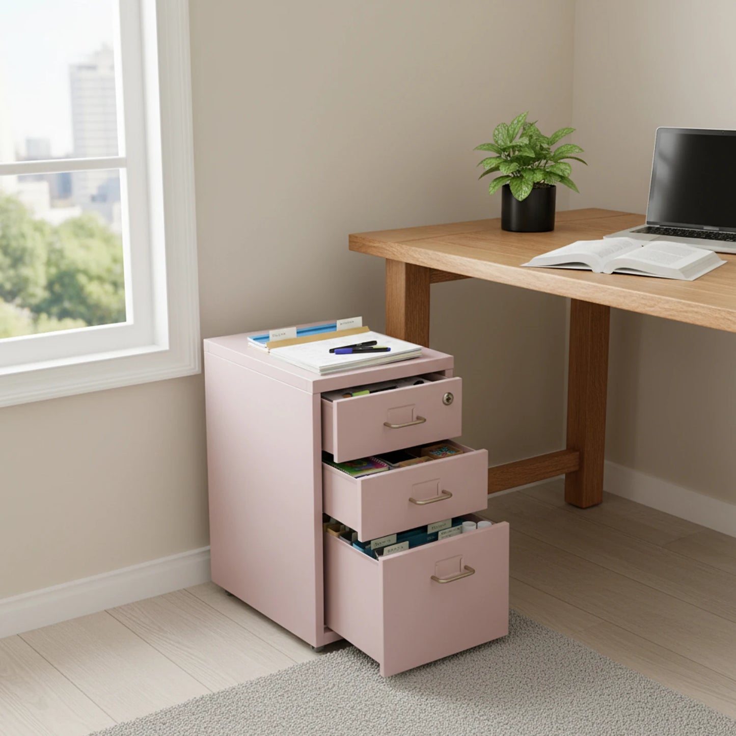 Pink Metal 3-Drawer Lockable Wheeled File Cabinet