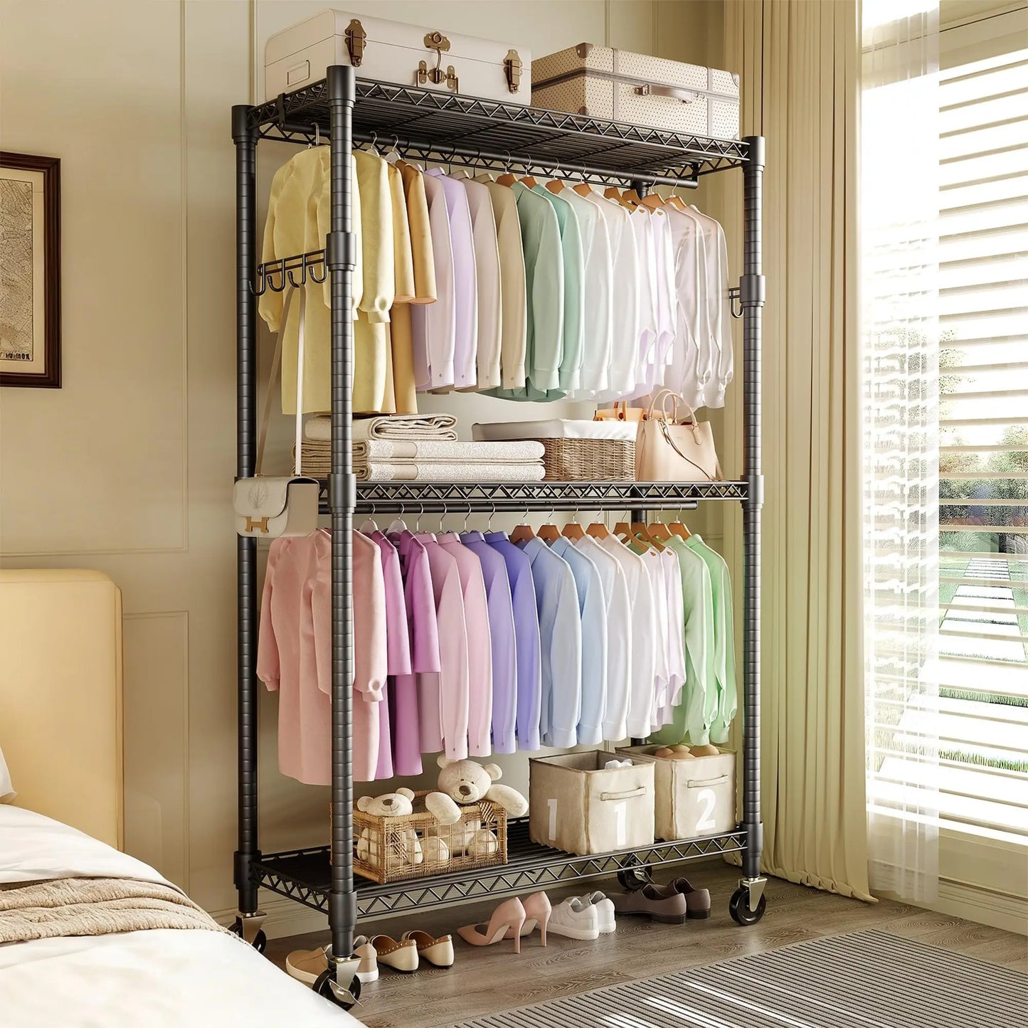 3-Tier Rolling Metal Garment Rack with Adjustable Shelves & Dual Hanging Rods