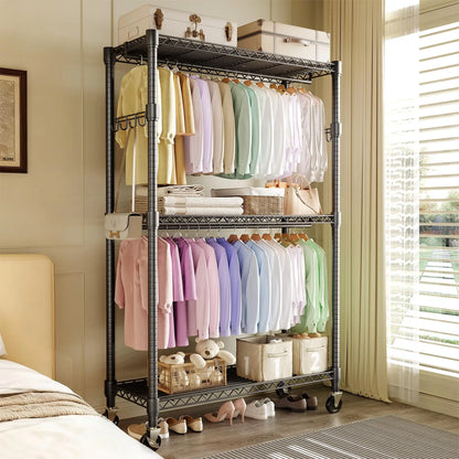 3-Tier Rolling Metal Garment Rack with Adjustable Shelves & Dual Hanging Rods