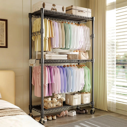 3-Tier Rolling Metal Garment Rack with Adjustable Shelves & Dual Hanging Rods