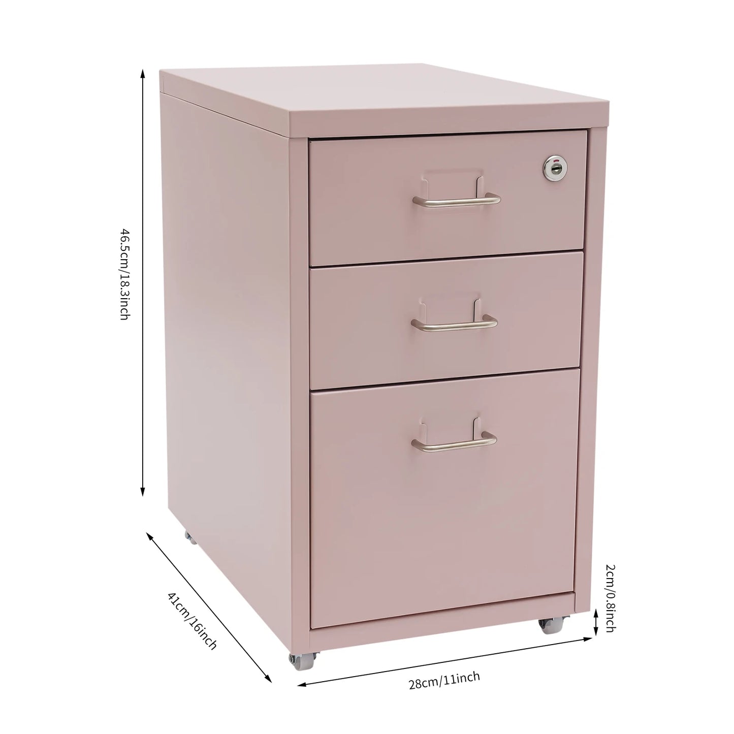 Pink Metal 3-Drawer Lockable Wheeled File Cabinet