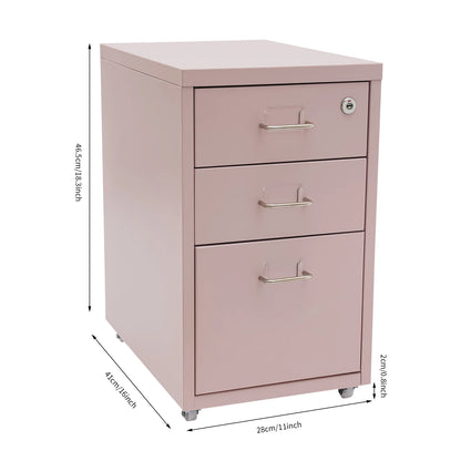Pink Metal 3-Drawer Lockable Wheeled File Cabinet