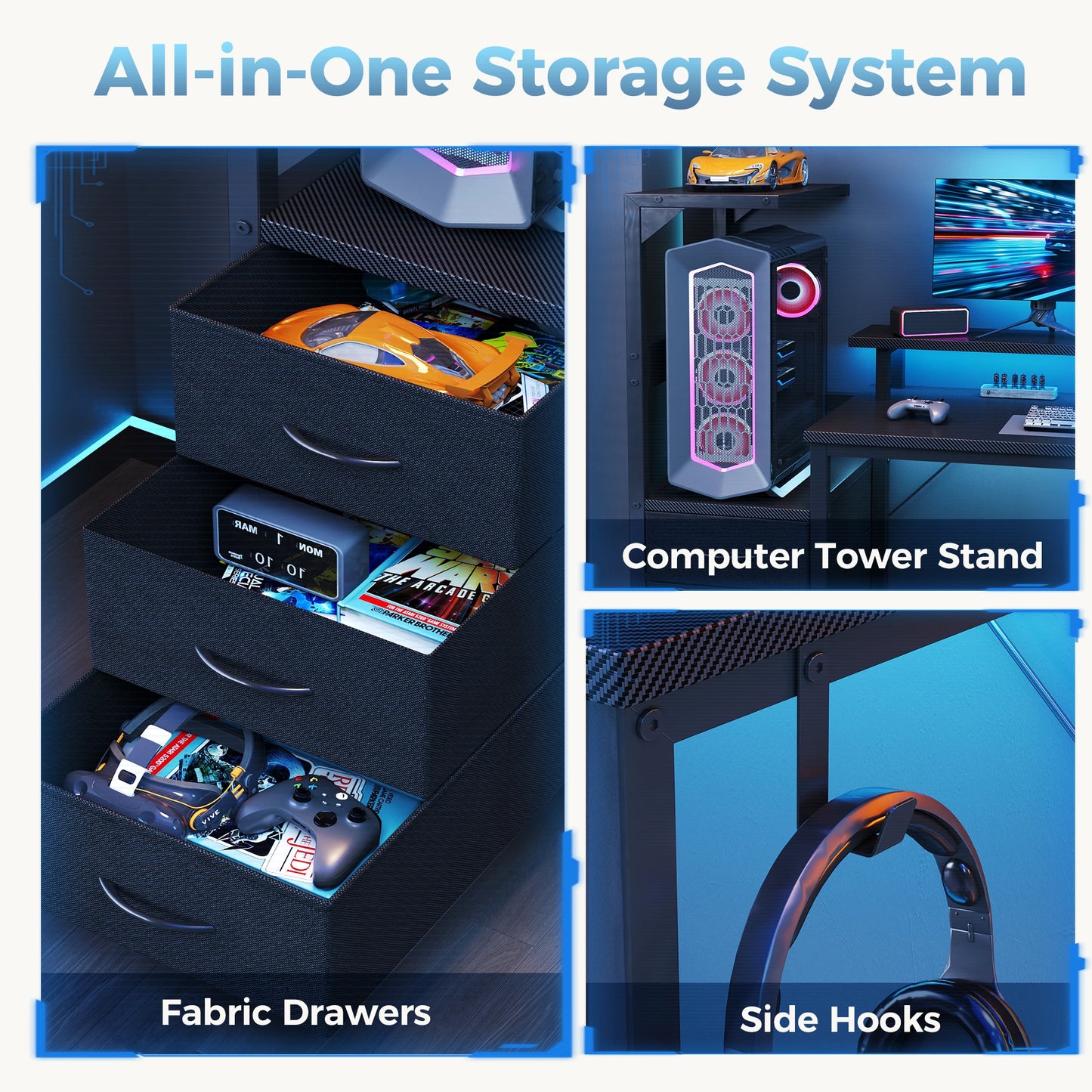 52In to 59In Gaming Desk with 3 Storage Drawers, LED Lights, and Power Outlets