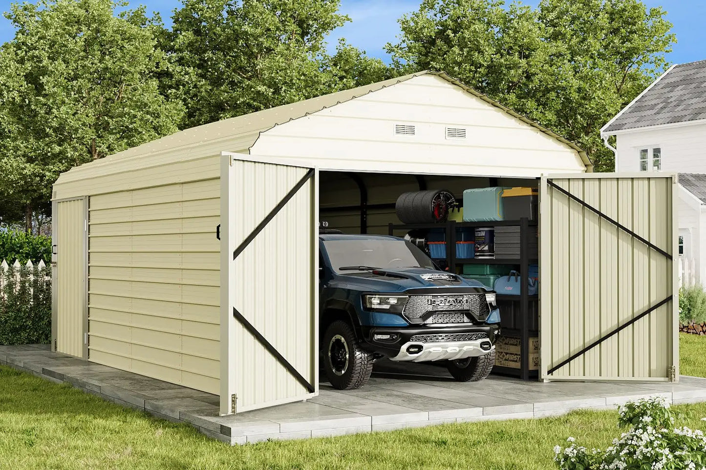 Heavy Duty 12x24 FT Car Shed with Galvanized Steel Frame and Reinforced Base