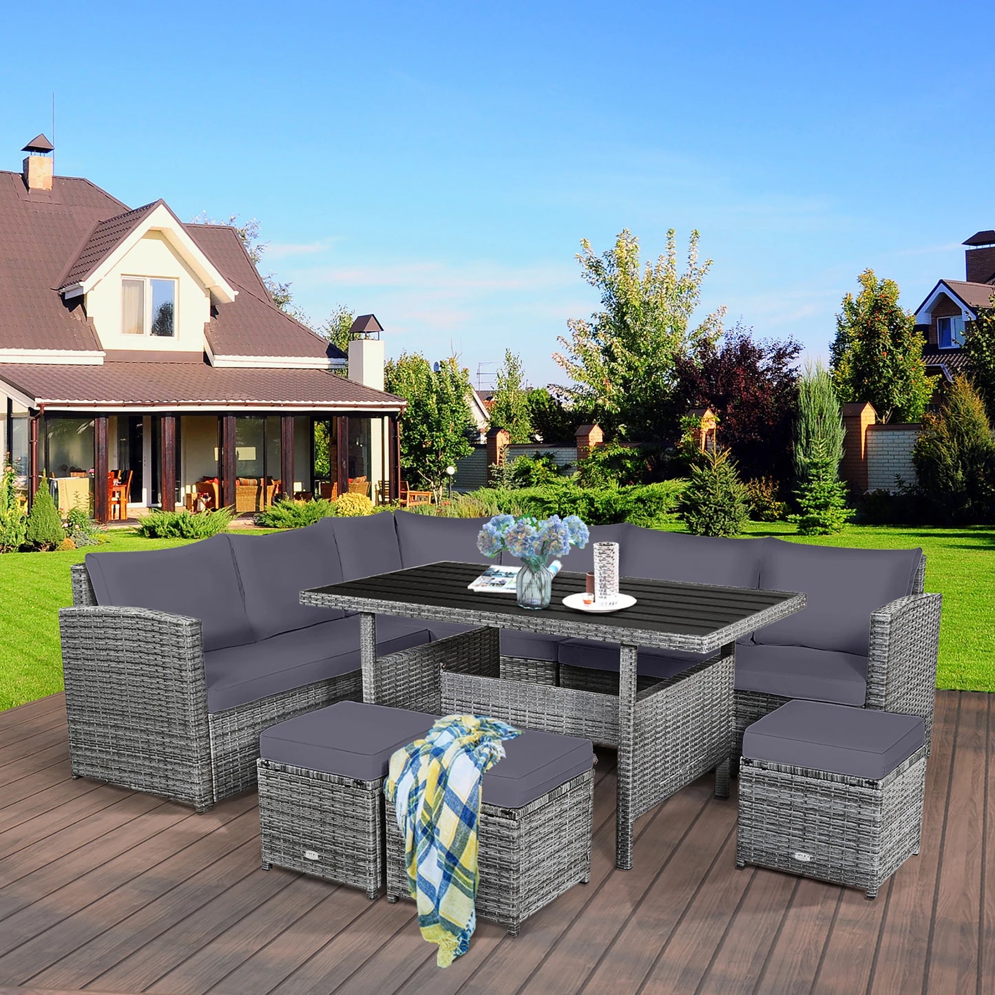 7 PCS Rattan Dining Set, Sectional Sofa Couch, with Ottoman