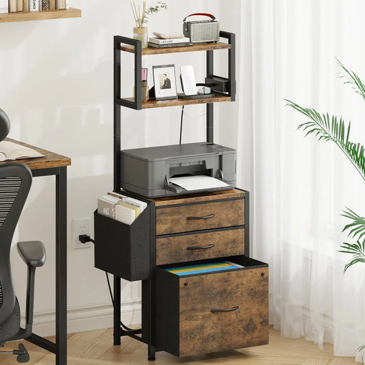 45''H 3-Drawer File Cabinet with Charging Station with Storage for Printer