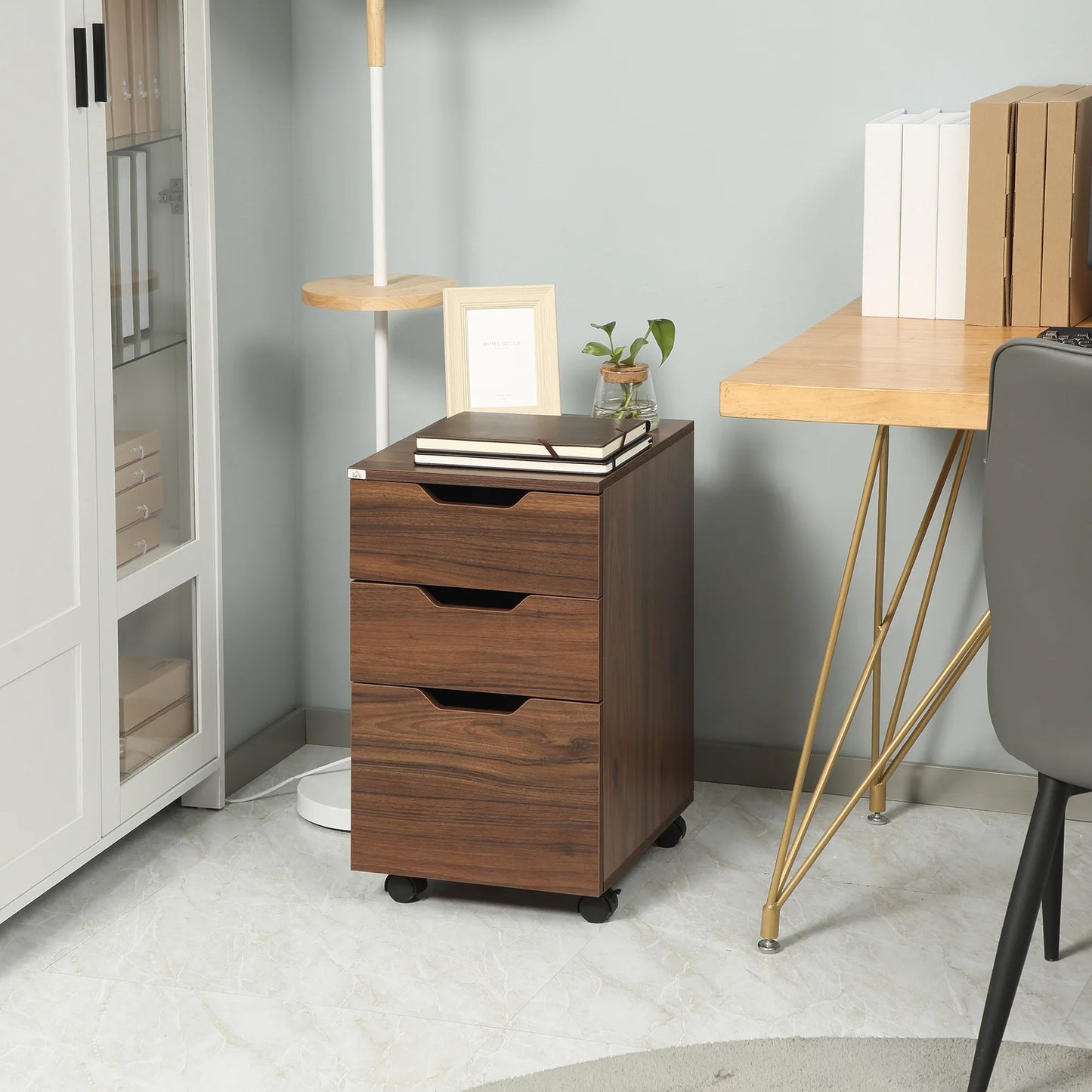 Modern, under Desk Cabinet with 3 Drawers, Brown Wood