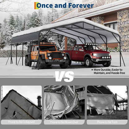 20x20 FT Heavy Duty Galvanized Steel Roof, Reinforced Base, Outdoor Car Shelter