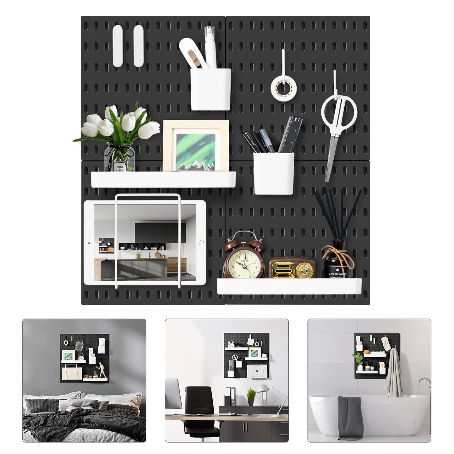 4 Piece 22" x 22" Black Pegboard Wall Organizer Kit