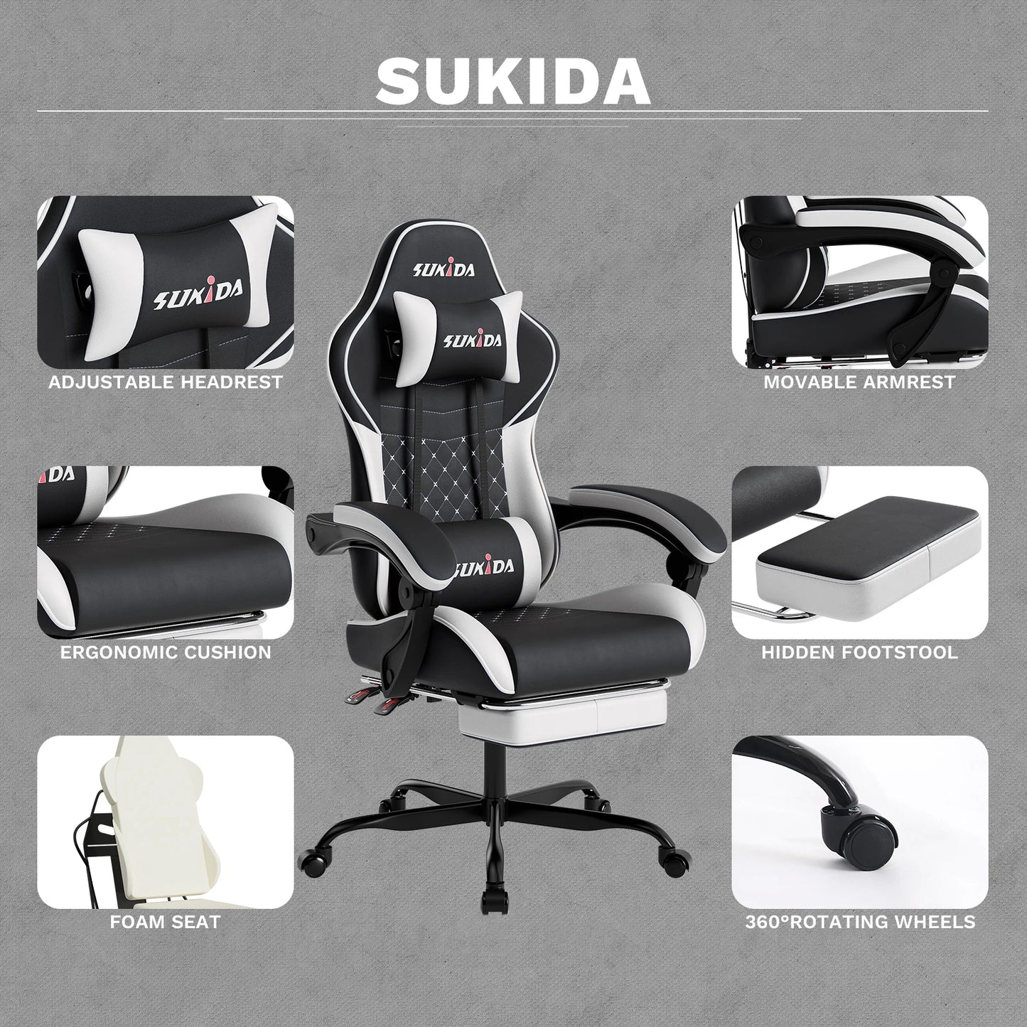 Ergonomic Gaming Chairs with Massage Lumbar Support Swivel Height Adjustable Headrest Backrest