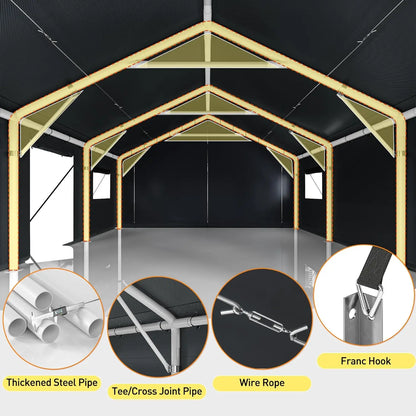 20x20 Portable Heavy Duty Metal Garage with Side Doors and Roll-Up Windows