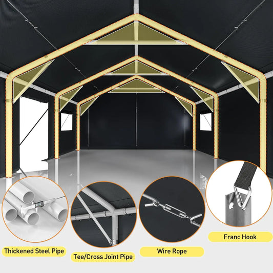 20x20 Portable Heavy Duty Metal Garage with Side Doors and Roll-Up Windows
